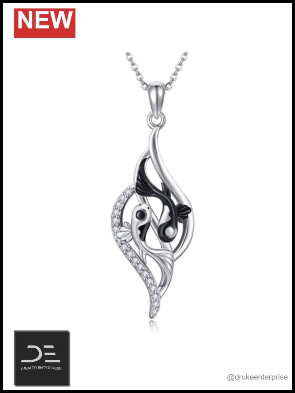 Sterling Silver Koi Fish Yin Yang Mustard Seed Necklace 18 inch Cubic Zirconia